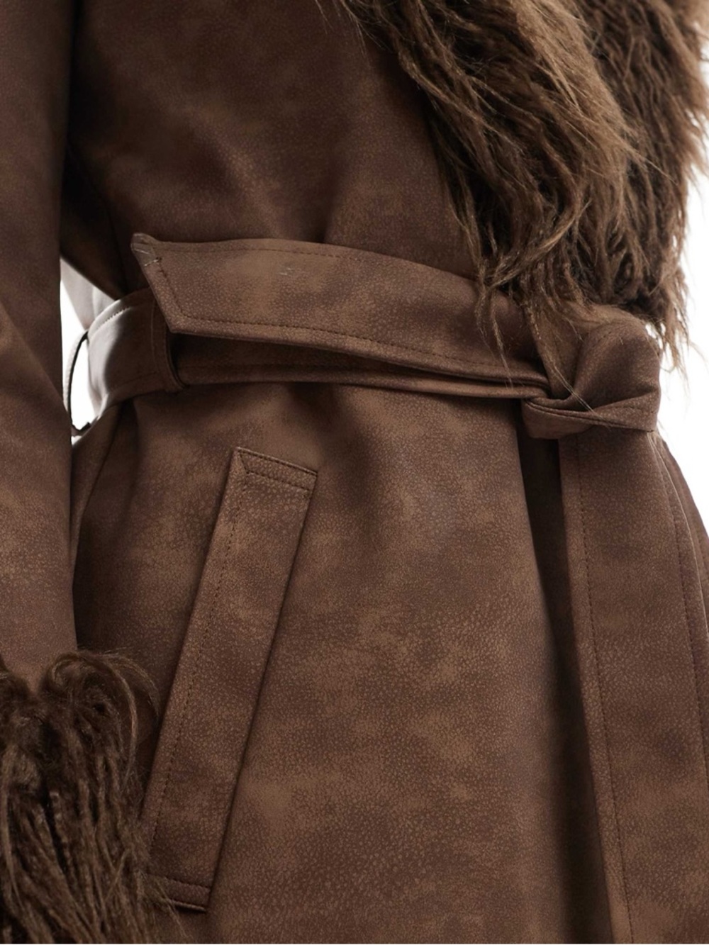 Reclaimed Vintage Brown Faux-Suede Trench Coat with Faux-Fur Trim - Picture 5 of 10